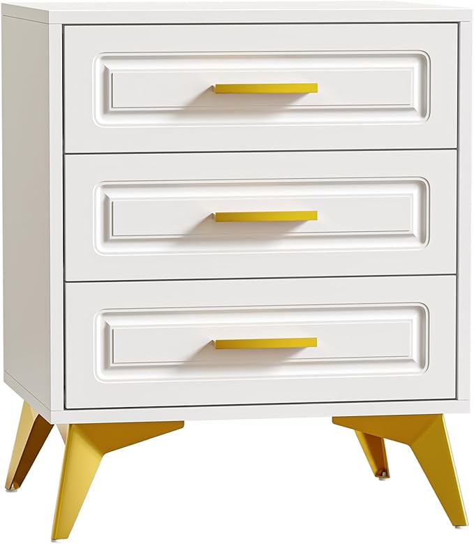 Giluta White Nightstand with 3 Drawers, Modern Night Stand with Gold Solid Metal Legs & Handles, Wood Bedside Table, Sofa End Side Table for Bedroom