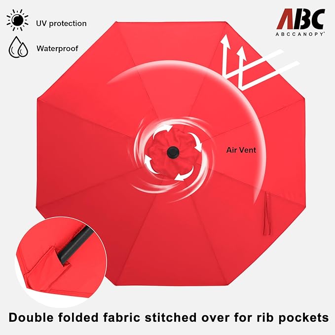 ABCCANOPY 11FT Patio Umbrella, Outdoor Waterproof Table Umbrella with Push Button Tilt and Crank, 8 Ribs UV Protection Pool Umbrella for Garden, Lawn, Deck & Backyard(Red)