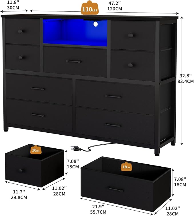 Dresser for Bedroom with 9 Drawers, Black Storage Organizer TV Stand for 55" TV with LED Lights and Sockets, Fabric Chest of Drawers with PU Finish for Kid Room, Entryway, Living Room, Hallway
