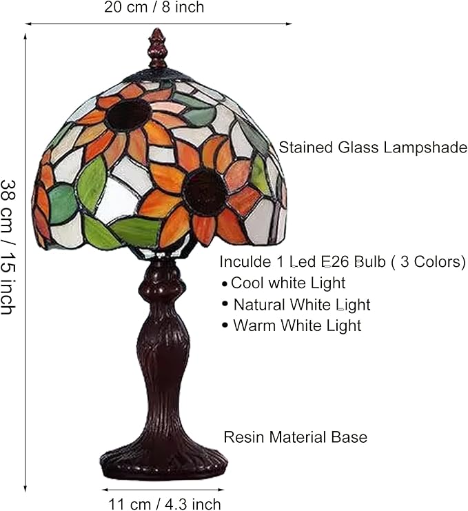 Tiffany Table Lamp,3 Color-Temperature Sunflower Stained Glass Lamp,8X8X15 Inch Small Accent Antique Nightstand Bedside Table Lamps for Bedroom Living Room Home Office Light +LED Bulb