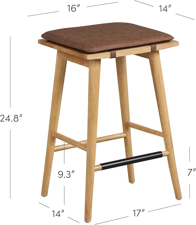 Nathan James Barker Classic Counter Height Wood Barstool with Leather Removable Cushion, Backless Island 24" Bar Stool for Kitchen, Chestnut Brown