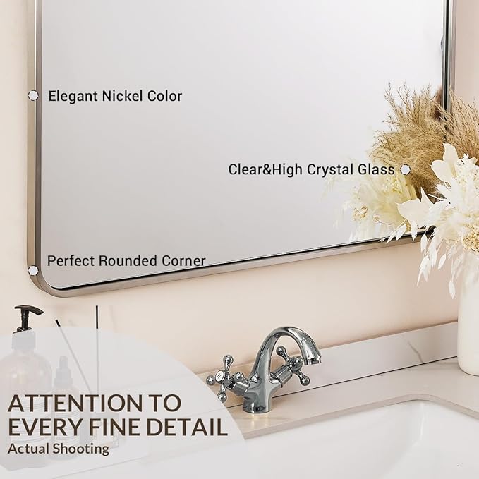 Andy Star Brushed Nickel Arched Mirror, 24x36’’ Arched Bathroom Mirror, Arch Wall Mirror, Bathroom Vanity Mirrors Metal Framed, SUS304-Anti-Rust, Tube Frame, 1’’ Deep Set Wall Mounted Vertical