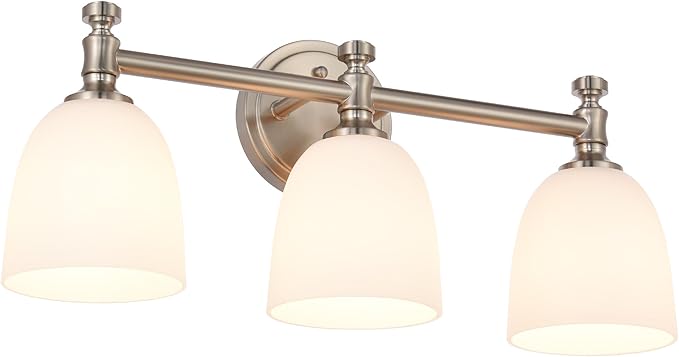 Bathroom Vanity Light, 3-Light Bathroom Light Fixtures Over Mirror, Traditional Vanity Lights for Living Room, Milk White Bell Glass Shades, Standard E26 Base, Brushed Nickel