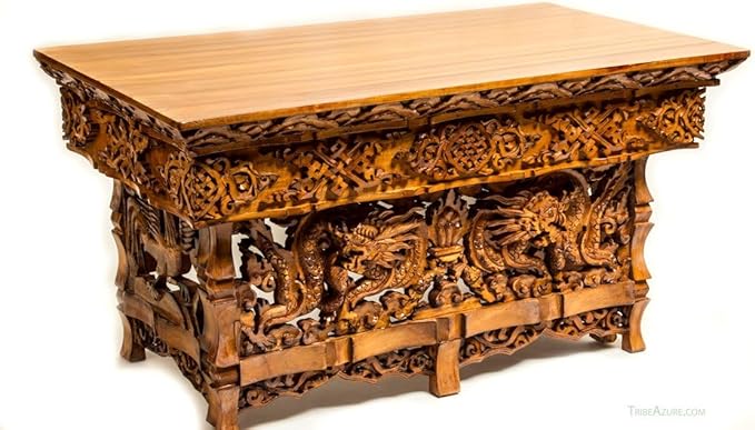 Tribe Azure Fair Trade Small Altar Table, Meditation Table Altar, Small Puja Table, Meditation Altar Wood Wiccan Buddhist, Tea Japanese, Low Side Dragon (Large)