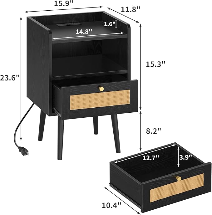 Night Stand Set 2, Nightstands Set of 2 with Charging Station, Rattan Side Tables with Solid Wood Legs, Boho Bedside End Table for Farmhouse Bedroom Dorm Small Space - Black