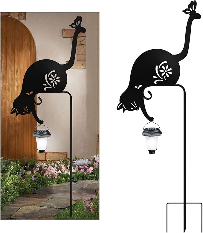 Cat Holding Lantern Garden Stakes Solar Garden Cats Metal cat Solar Lantern Decorative Garden Stakes for Yard, Lawn, Patio, Pathway