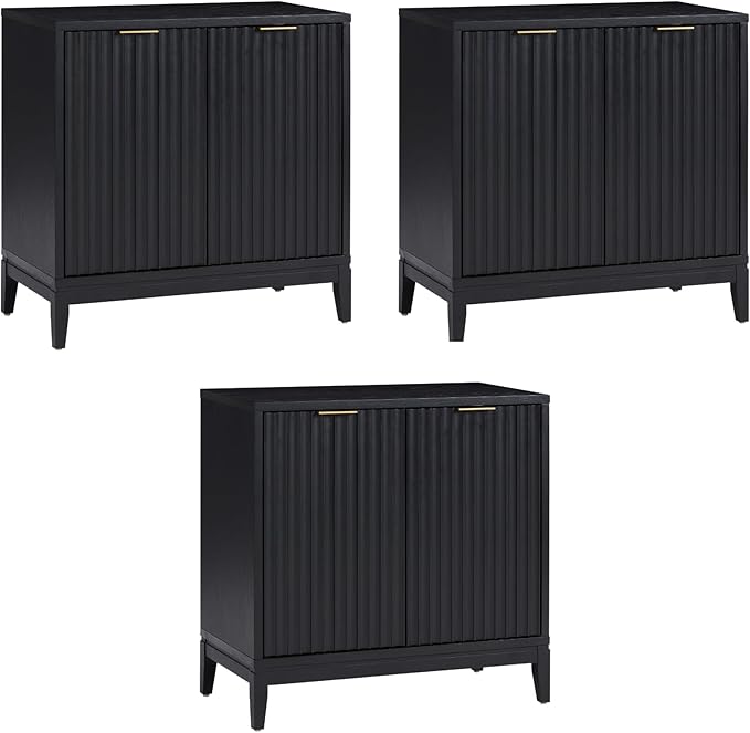 Nathan James Jasper Modern Sideboard, TV Stand with Fluted Doors, Accent Storage for Kitchen or Living Room, Black Oak, Set of 3