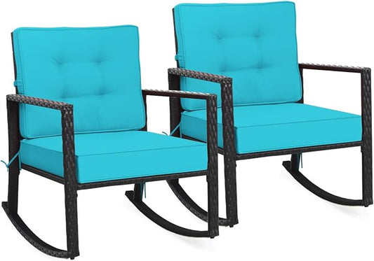 Tangkula Wicker Rocking Chair, Outdoor Glider Rattan Rocker Chair with Heavy-Duty Steel Frame, Patio Wicker Furniture Seat with 5” Thick Cushion for Garden, Porch, Backyard, Poolside (2, Turquoise)