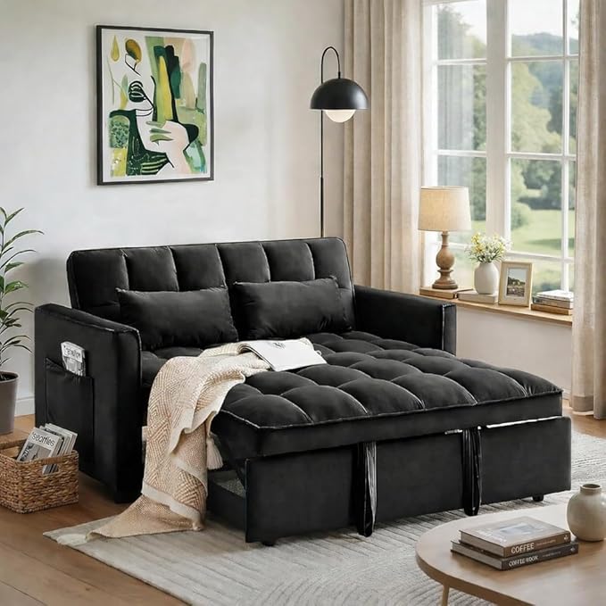3 in 1 Convertible Sofa Bed, Loveseat Sleeper Sofa Bed with Side Pockets, Velvet Fabric Pull Out Couch with Adjustable Backrest for Living Room, Bedroom, Apartment, Black