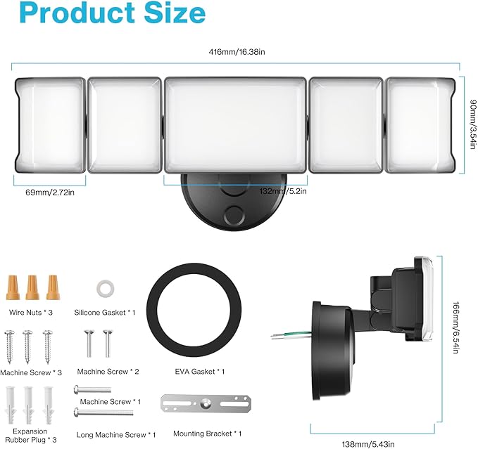Olafus 100W Flood Light Outdoor 2 Pack, Switch Controlled LED Security Lighting 10000LM, 6500K Outside Floodlight with 5 Adjustable Head, IP65 Waterproof Exterior Fixture Wired for House Yard Black