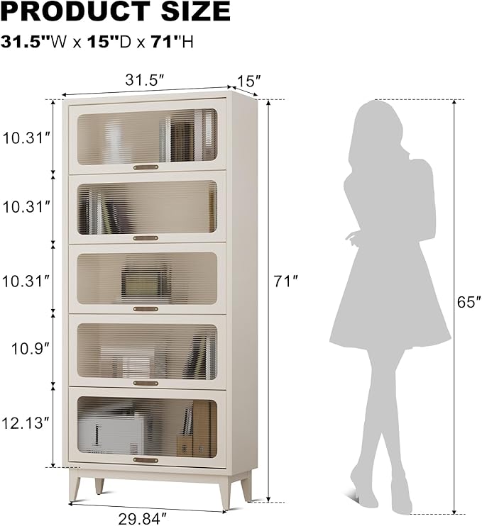 71'H Solid Wood Bookcase,5 White Book case with Glass Doors,Wooden Pantry Cabinet for Kitchen,Freestanding Display Storage Shelves for Collectibles, Living Room Bedroom Home Office