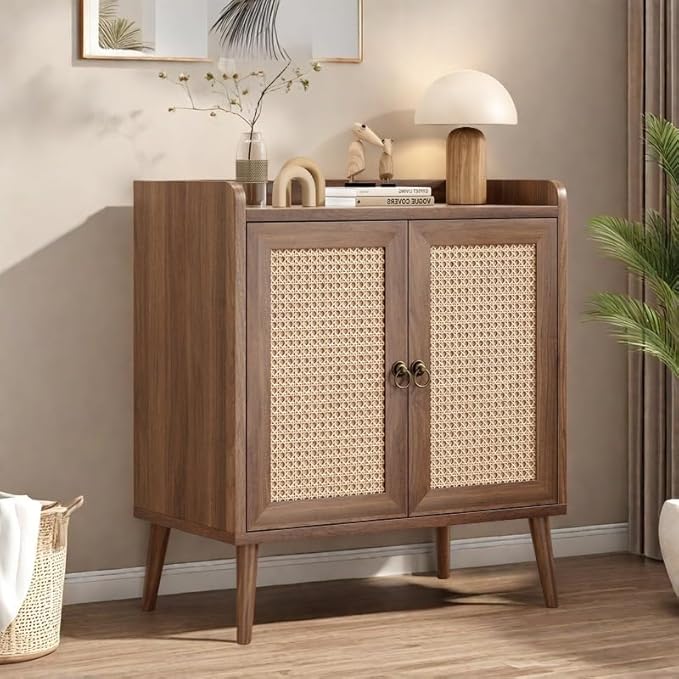 FONTOI Buffet Cabinet, Rattan Storage Cabinet with Round Pull Rings, Sideboard with Ample Storage, Bar Liquor Shelf with 2 Doors for Living Room, Hallway, Light Brown