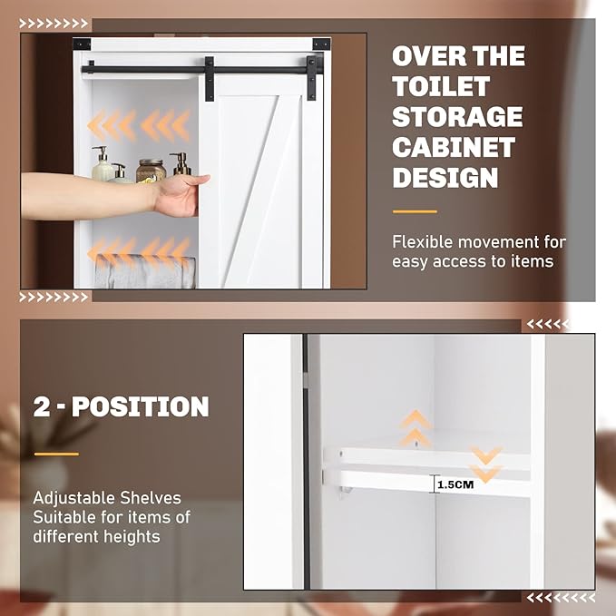Over The Toilet Storage Cabinet, Behind Toilet Bathroom Organizer with Adjustable Shelves, Above Toilet Organizers with Barn Door, Space Saver for Restroom, Bathroom, Laundry, White