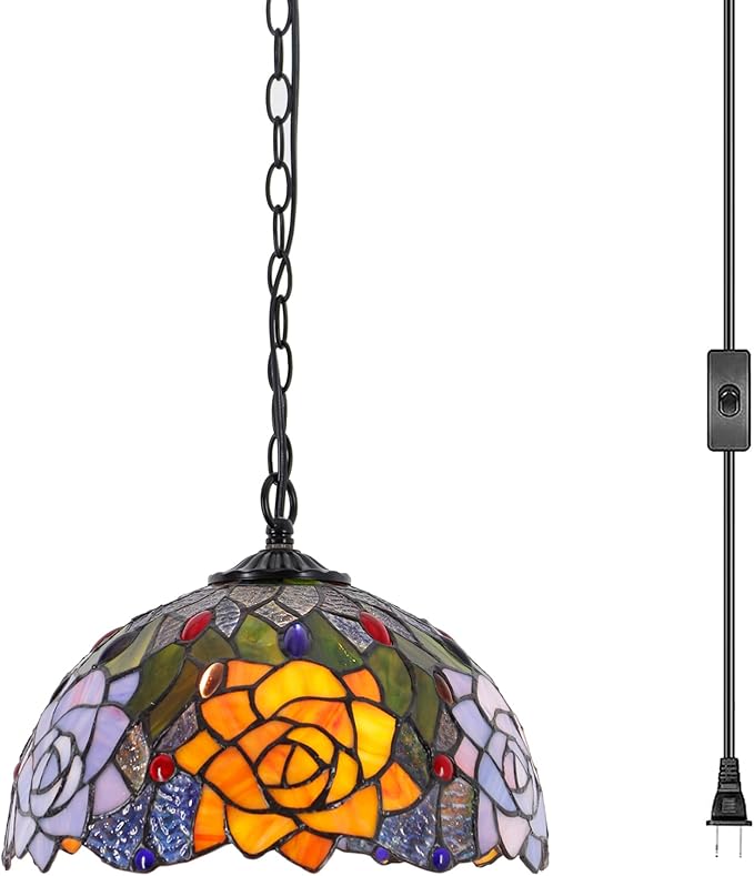Tiffany Pendant Light Plug in 12 Inch Orange Red Rose Flower Stained Glass Hanging Lamp with Chain 33 Inch, Cord 15 Feet