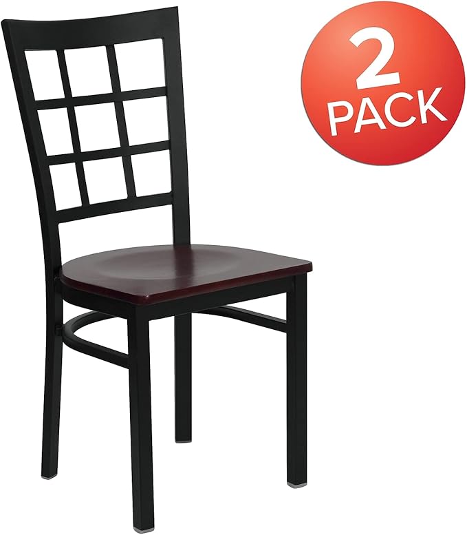 Flash Furniture 2 Pk. HERCULES Series Black Window Back Metal Restaurant Chair - Mahogany Wood Seat