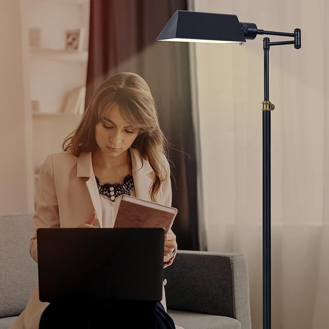 GyroVu Dimmable LED Pharmacy Floor Lamp for Living Room, Full Range Dimming Bedroom Floor Lamp, Adjustable Height Standing Lamp with 350° Swing Arm