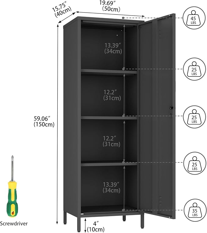 Metal Storage Cabinet, Steel File Locker with 3 Shelves 59.06-inch high for School, Living Room, Bedroom, (Black, H59.06'')