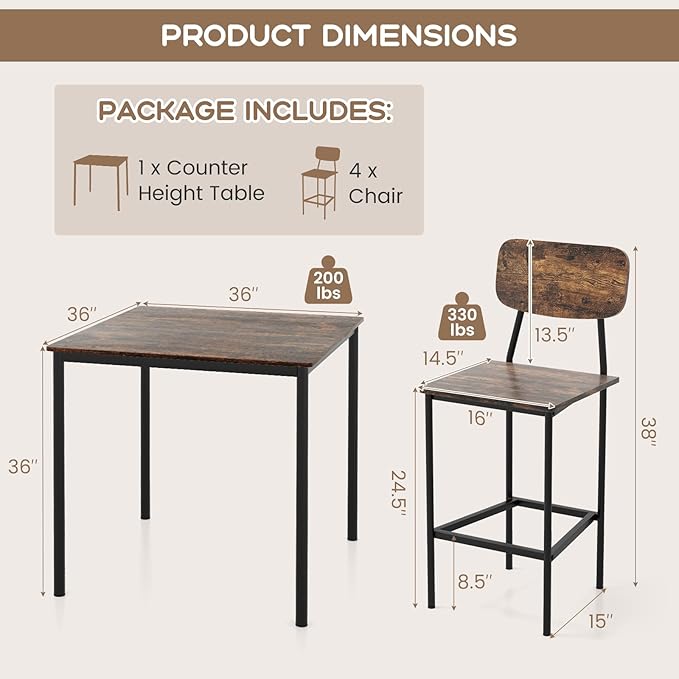 GOFLAME 5-Piece Dining Table Set for Small Space, Kitchen Table and Chairs Set for 4 with Steel Frame, Square Breakfast Table Set, Industrial Counter Height Table Set for Home Restaurant, Rustic Brown