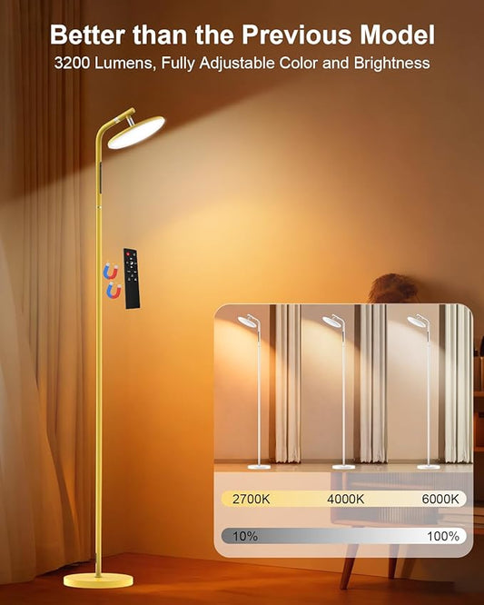 LED Floor Lamp, 32W Super Bright Standing Lamp with Remote Control, Modern Dimmable 69" Torchiere Tall Lamp, 350°Rotating Head Reading Floor Lamp for Living Room, Bedroom, Office, Gold