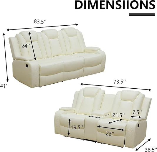 Power Recliner Sofa and Loveseat Set, Breathing Leather Living Room Set, 2 Piece Reclining Couch Set with LED Lighting/Cup Holders/Storage/USB Port (Cream White)