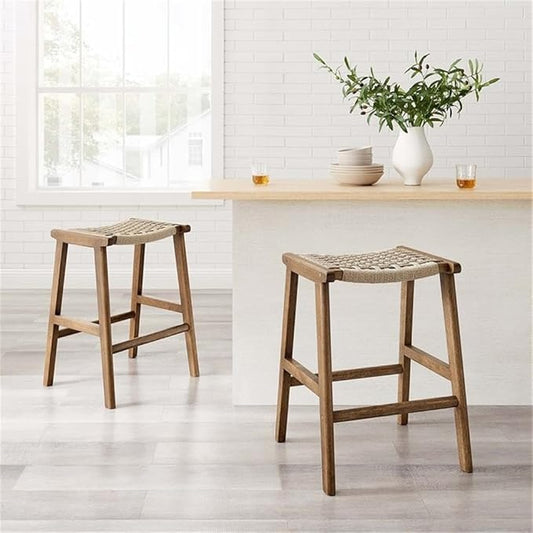 Modway Saoirse Woven Rope Wood Counter Stool - Set of 2 in Walnut Natural