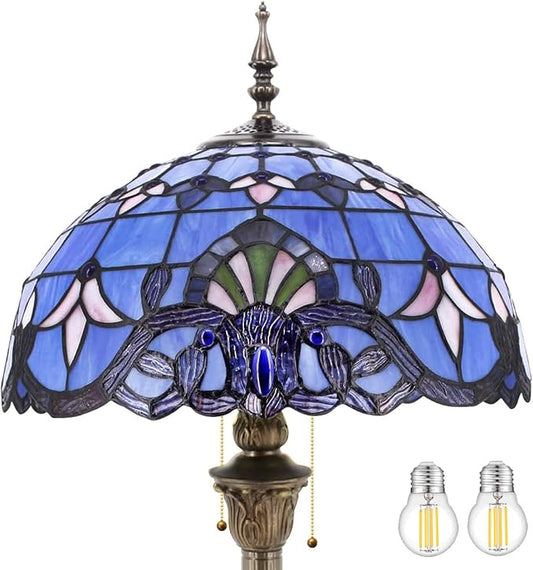 WERFACTORY Tiffany Floor Lamp Blue Purple Baroque Stained Glass Standing Reading Light 16X16X64 Inches Antique Pole Corner Lamp Decor Bedroom Living Room Home Office S003C Series