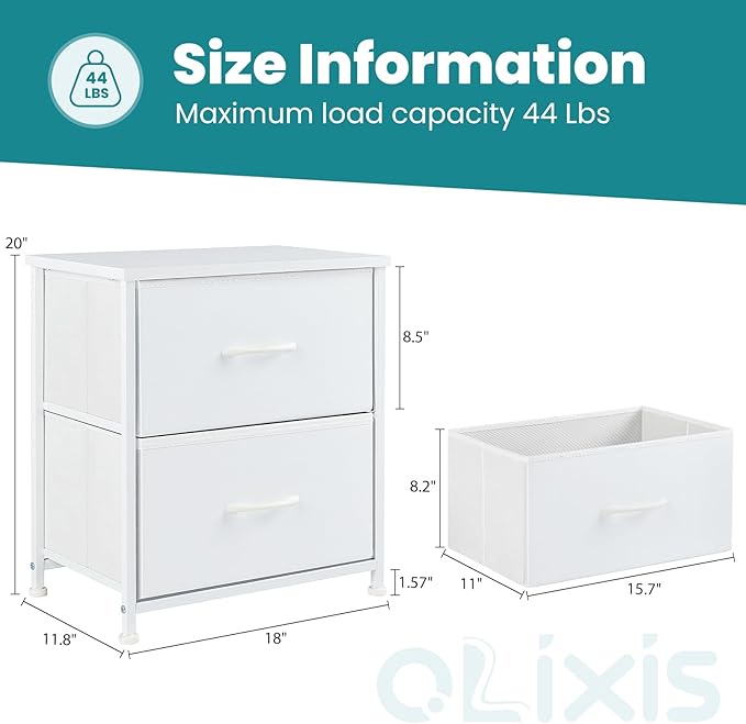 NEWBULIG Nightstand Small Dresser with 2 Fabric Drawers 25 Inch Tall Bedside Table Storage Furniture for Bedroom Closet Entryway College Dorm White
