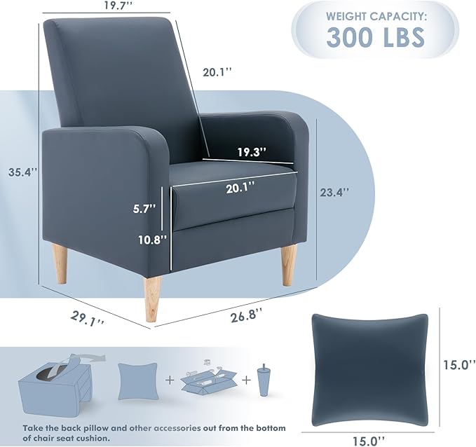 COLAMY Modern Upholstered Accent Chair Armchair with Pillow, PU Leather Reading Living Room Side Chair,Single Sofa with Wood Legs, L-Blue