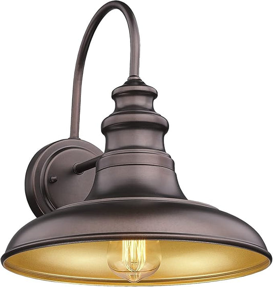 Outdoor Barn Light Fixture Farmhouse Wall Mount Light Wall Sconce Exterior Wall Lighting Fixture Industrial Bronze Finish Lantern for Porch with Gold Interior, 1Pack, RZ004 ORB