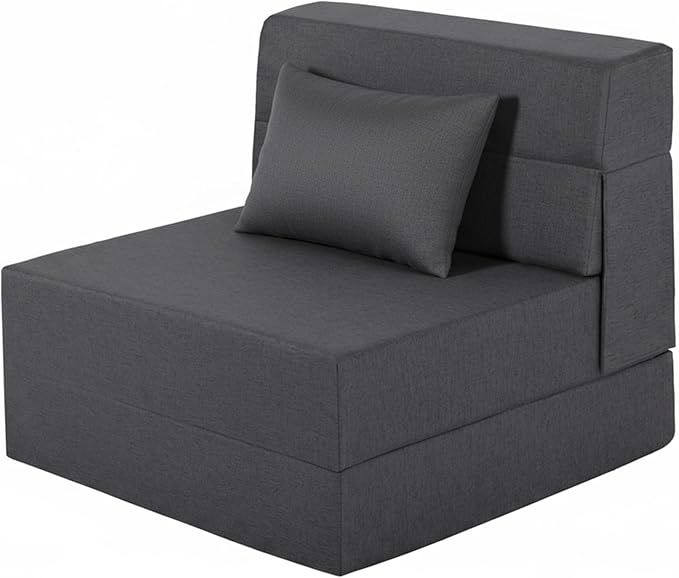 Fvkind Folding Sofa Bed, Foldable Sleeper Chair with Pillow, Convertible Fold Out Chair Bed with Washable Cover, Foldable Mattress for Living Room, Bedroom, Guest Room, Single Size, Dark Grey