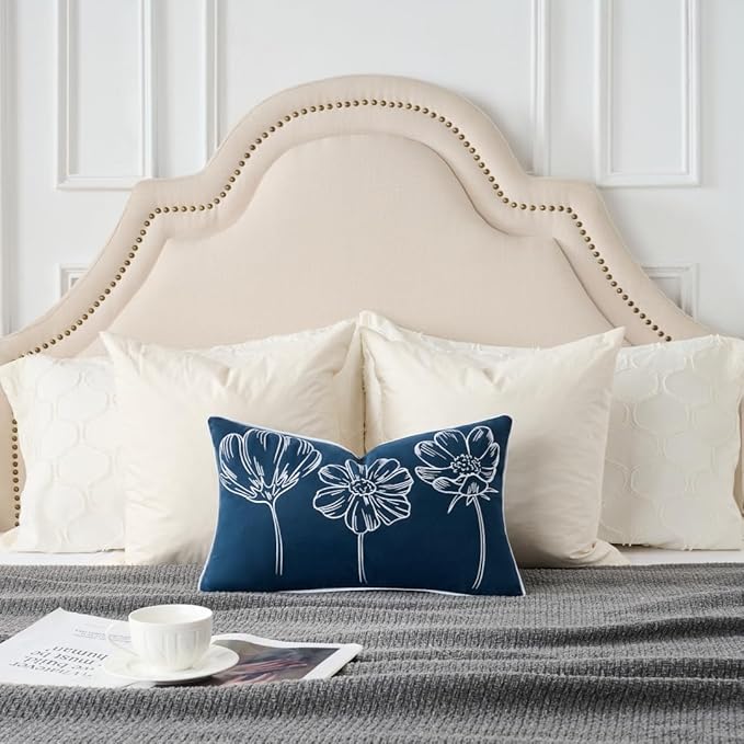 Sunkifover Decorative Floral Lumbar Pillow Cover 12x20 Inch Blue and White Cotton Embroidery Flower Throw Pillowcase Cushion Cover for Bed Bedroom, Living Room, Sofa