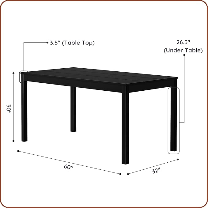 Grain & Grove Davie 60 Inch Dining Table, Large Rectangular Wooden Table for Kitchen/Dining Room, Wood Table for Dining Room, Home Office, Living Room Furniture, Black