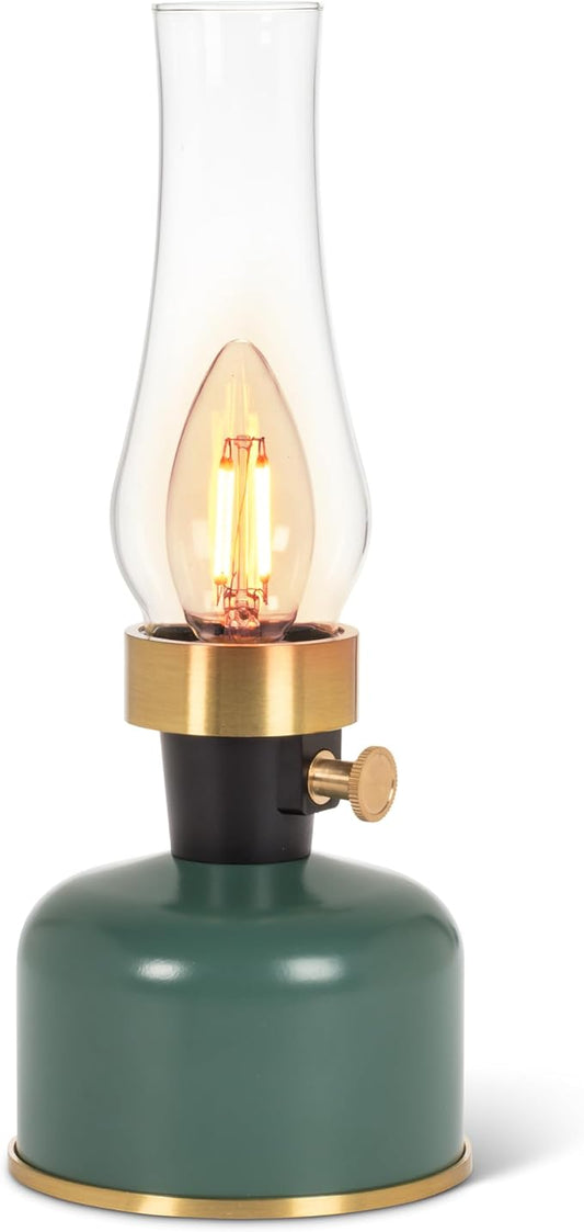 Abbott Collection Lantern LED Lamp with Chimney, Portable Table Light - Metal/Glass, Green (10.5" H)