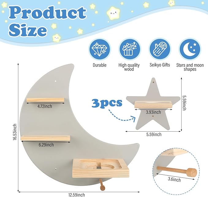 Moon + Stars for Toniebox 1/2 Tonies Figures Organizer Storage Shelf Wall Mounted, Magnetic Floating Shelves for Toniebox Player, Characters, Earphones, Display Collection 20~30 Characters (Gray)