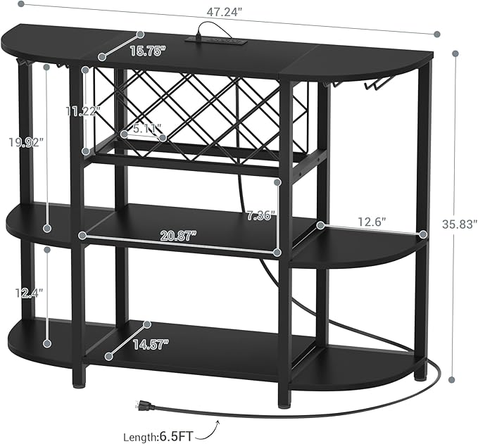 Unikito 4-Tier Metal Coffee Bar Cabinet with Outlet and LED Light, Freestanding Floor Bar Table for Liquor with Glass Holder and Wine Storage, Wine Table Bakers‘ Rack for Kitchen Dining Room, Black