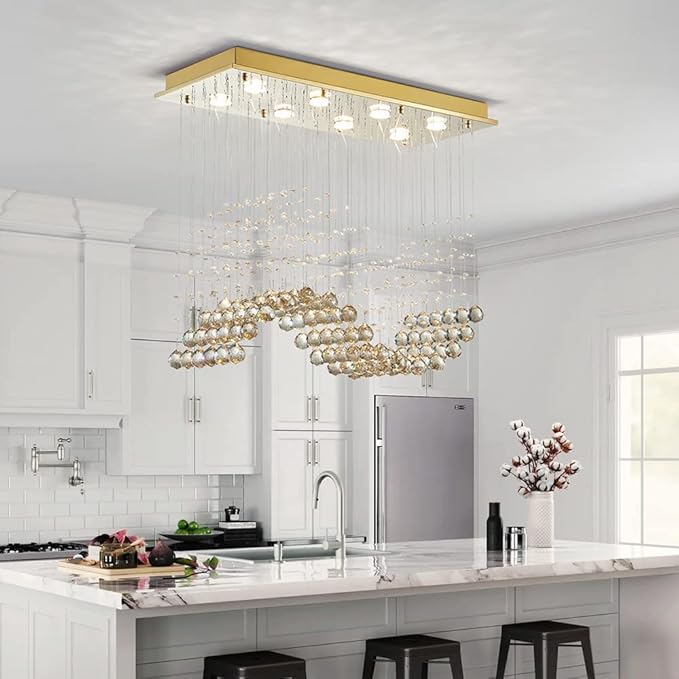Saint Mossi 22019 8-Lights Modern K9 Crystal Chandelier Light Fixture, Raindrop Chandelier for Bedroom,Living Room,Dining Room, L30 x W12 x H26, Champagne Crystal & Light Gold Canopy