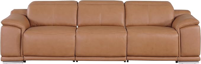 Blackjack Furniture Venice Top Grain Italian Leather Recliner 5 Seater 4 Power Reclining Seater 2 Piece Sofa Set with Adjustable Headrests Modern Seating Sofa and Loveseat for Living Room , Cognac