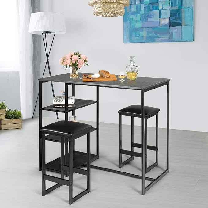 COSTWAY 3-Piece Dining Set, Compact 2 Chairs and Table Set, Kitchen Set with Rectangular Faux Marble, 3 Metal Storage Shelves, Fashionable Simple Style, Kitchen Counter Height Table Set (Black)