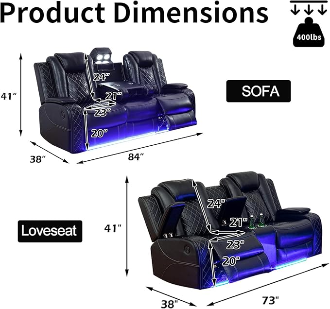 Power Leather Recliner Sofa Set with LED Light,Reclining Sofa and Loveseat Set with USB Port/Cup Holder/Storage,Luxury Leather Couch for Living Room/Home Theater(3+2 Seats,Black)