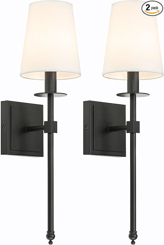 XiNBEi Lighting Black Wall Sconces Set of 2, Classic Sconces Wall Lighting with Flared White Fabric Shade 1 Light Wall Lamps for Bedroom Bedside Corridor & Living Room