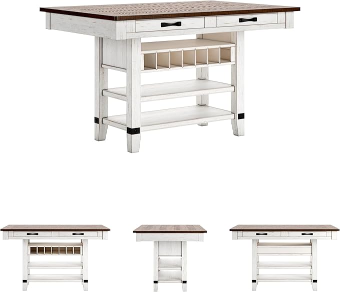 Signature Design by Ashley Valebeck Rectangular Dining Room Table, 4 Drawers, 2 Open Shelves, Wine Rack, Wood, 60" W x 40" D x 36.13" H, White & Brown