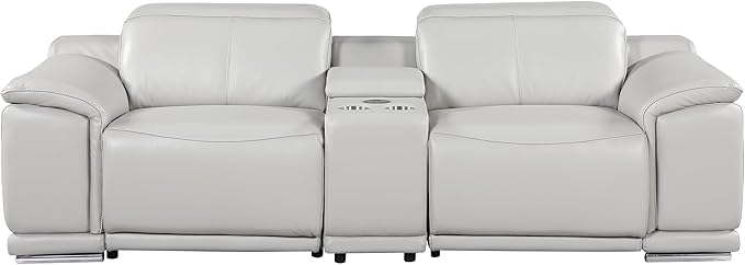 Blackjack Furniture Venice Top Grain Italian Leather Recliner 7 Seater 6 Power Reclining 3 Piece Sofa Set with Adjustable Headrests Modern Seating Sofa, Loveseat and Chair for Living Room, Light Grey