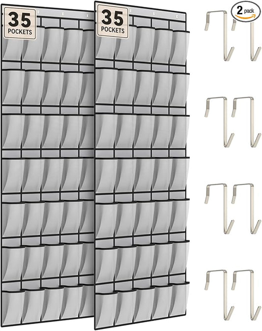 dodowin Over the Door Shoe Organizers, 2 Pack - 35 Deep Mesh Pockets Each, Over The Door Shoe Rack with 4 Metal Hooks Each, Space Saving Hanging Storage Holder for Closets, Shoes & Accessories, Gray