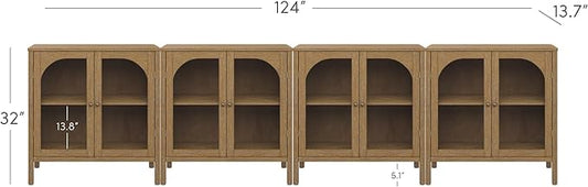 Nathan James Mason TV Stand, Free Standing Accent Sideboard Buffet, Credenza with Glass Doors and Adjustable Shelf in Brushed Light Brown Wood for Dining Room, Entryway and Living Room, Set of 4