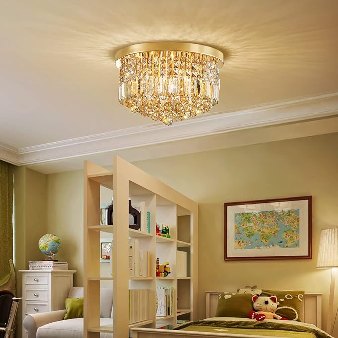 Saint Mossi 9 Light Modern K9 Crystal Raindrop Chandelier Lighting, Flush Mount, Perfect for Dining Room Bedroom; E12 Bulb Base; Height 11" x Diameter 20"; Champagne Crystal & Gold Finish