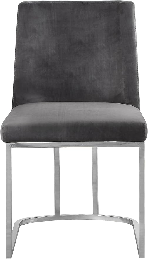 Meridian Furniture Heidi Collection Modern | Contemporary Velvet Upholstered Dining Chair with Polished Chrome Metal Frame, Set of 2, 19" W x 23" D x 32" H, Grey