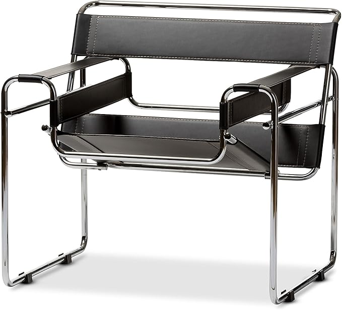 Baxton Studio Wassily Style Mid Centry Modern Accent Chair,Steel Frame and Faux Leather, Wide Seating