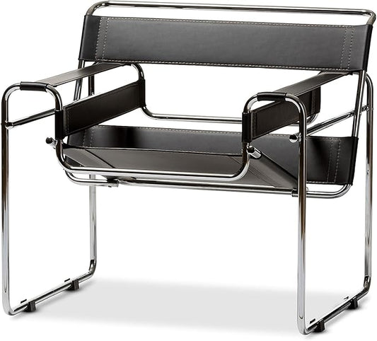 Baxton Studio Wassily Style Mid Centry Modern Accent Chair,Steel Frame and Faux Leather, Wide Seating