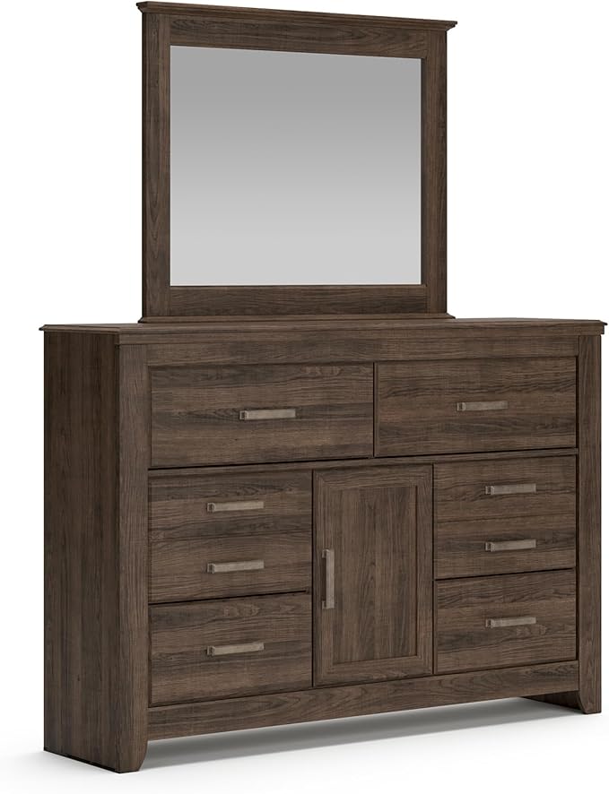 Signature Design by Ashley Juararo Vintage Smooth-Gliding 6-Drawer Dresser and Mirror with Safety Stop, Cabinet and Adjustable Shelf, Dark Brown