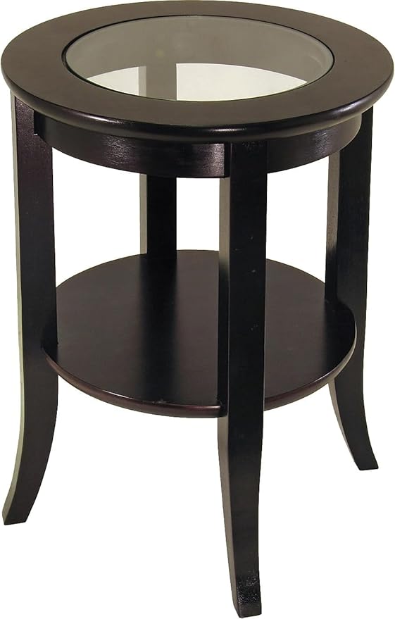 Winsome Genoa End Table with Glass Top and Shelf in Espresso, Round Bedside Nightstand for Bedroom, Side or End Table for Couches in Living Room, Elegant Furniture for Any Home Decor